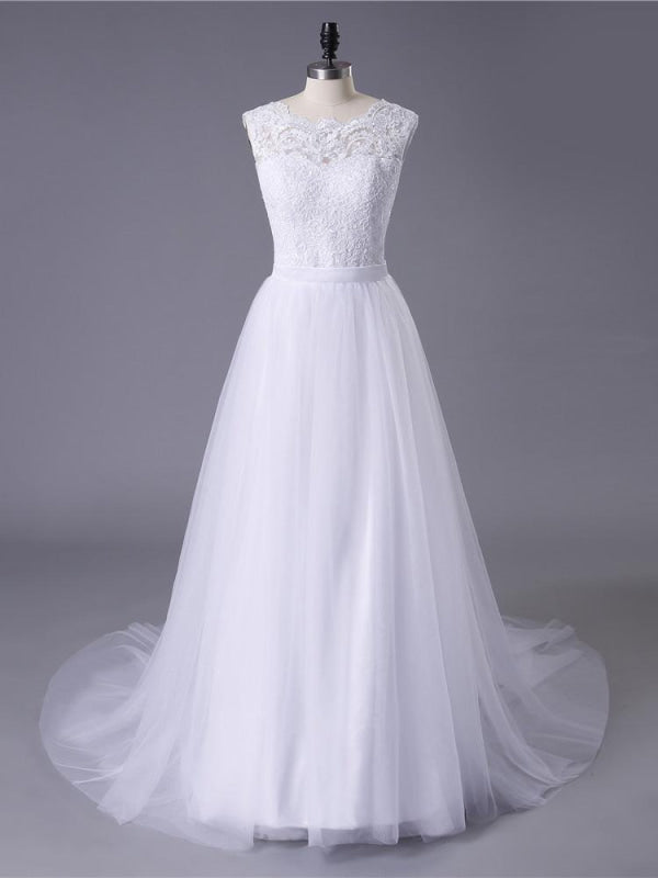 Romantic Boho Lace O Neck Tulle Wedding Dress A Line Gown