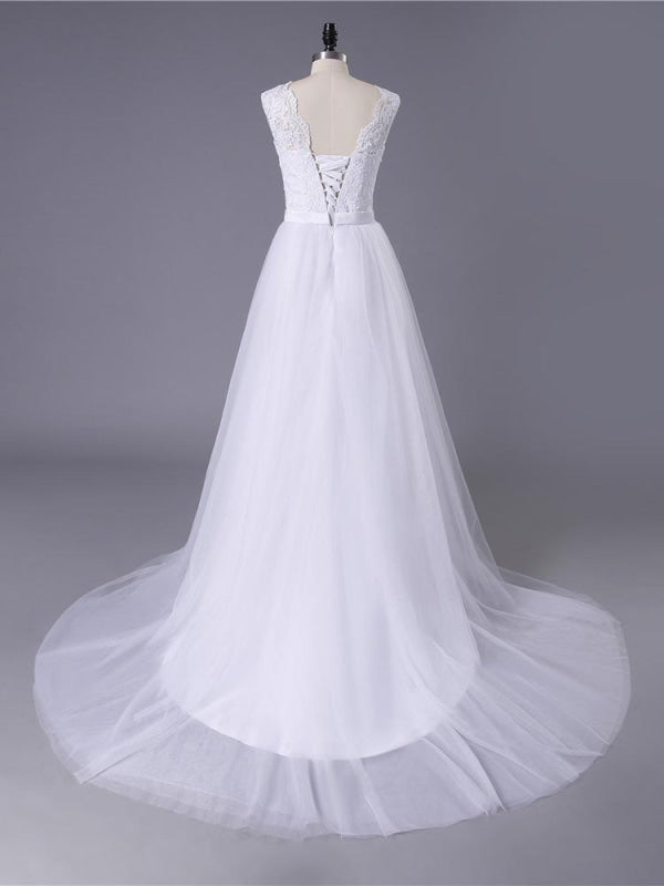 Romantic Boho Lace O Neck Tulle Wedding Dress A Line Gown