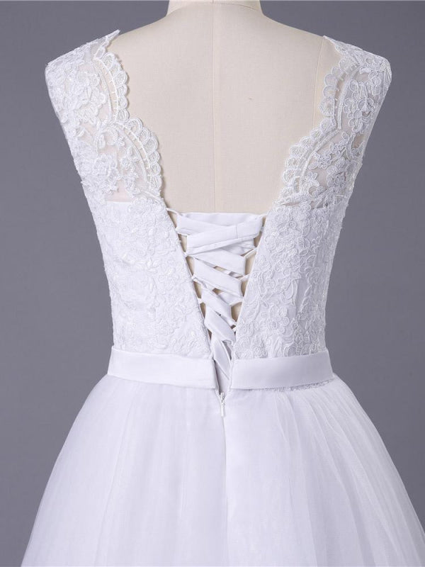 Romantic Boho Lace O Neck Tulle Wedding Dress A Line Gown