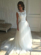 Romantic Boho Lace O Neck Tulle Wedding Dress A Line Gown