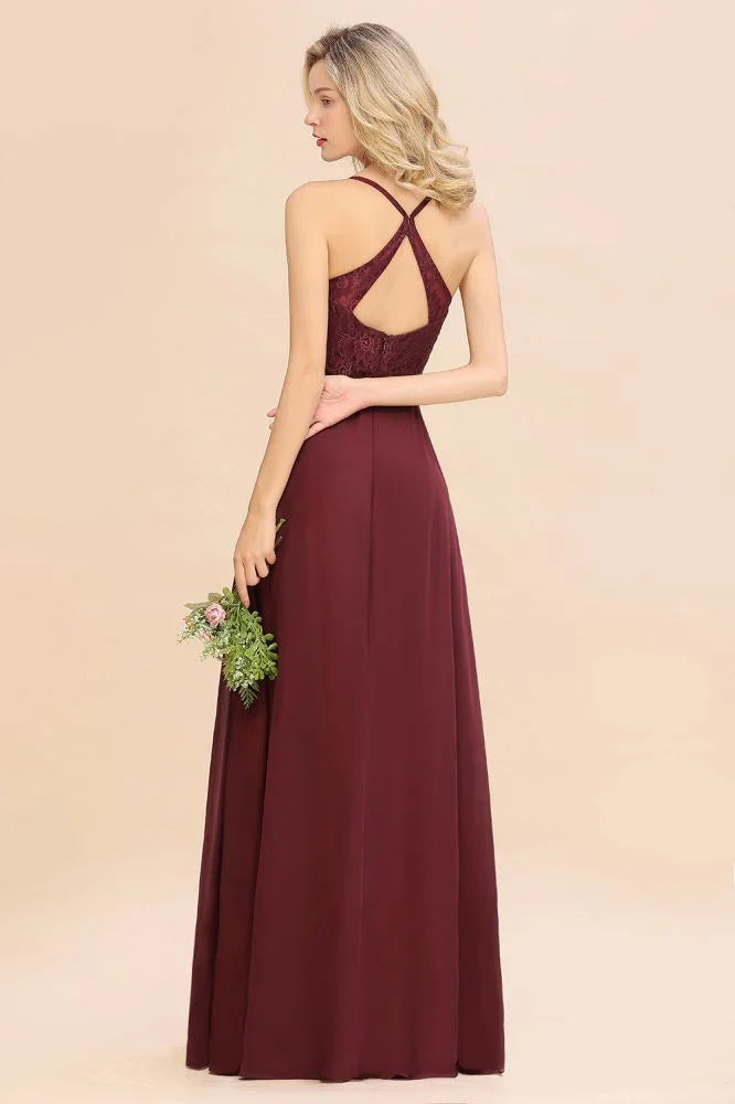Lace Spaghetti Straps Prom Dresses | A-Line Sleeveless Side Split Evening Dresses