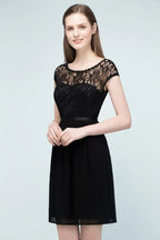 Vestidos de Dama de Honra Curtos em Chiffon com Decote Redondo e Saia em Linha A com Renda no Topo