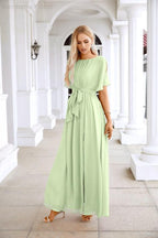 Robe de soirée longue jusqu'au sol pour demoiselle d'honneur, manches en mousseline, encolure ronde, fente avant, pour mariage et fête 28124
