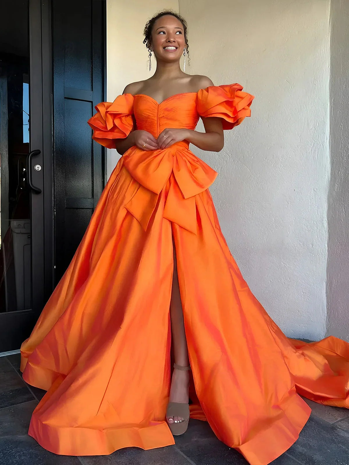 Lael | Orange Sweetheart Pleated A-Line Prom Dress With Bow