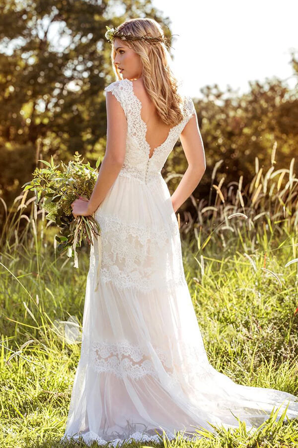 Vestido de novia de tul con encaje y corte imperio, corte A largo