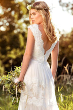 Vestido de novia de tul con encaje y corte imperio, corte A largo