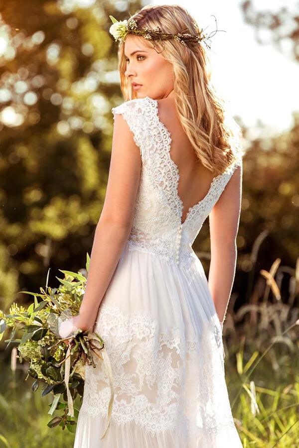 Vestido de novia de tul con encaje y corte imperio, corte A largo