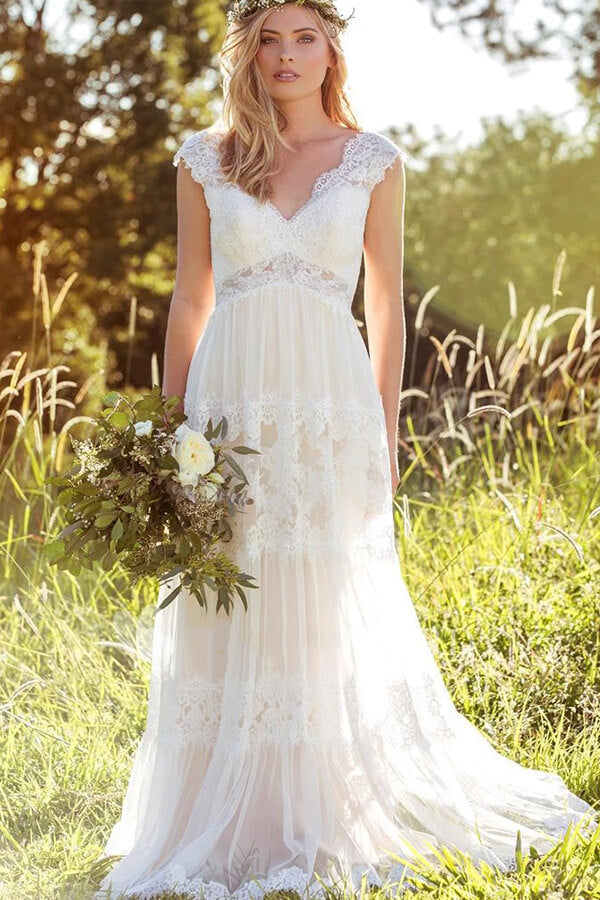 Vestido de novia de tul con encaje y corte imperio, corte A largo