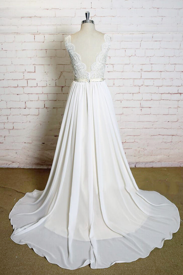 Último Vestido de Noiva Comprido em Chiffon com Decote em V e Renda em Linha A