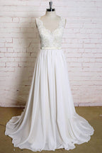 Último Vestido de Noiva Comprido em Chiffon com Decote em V e Renda em Linha A