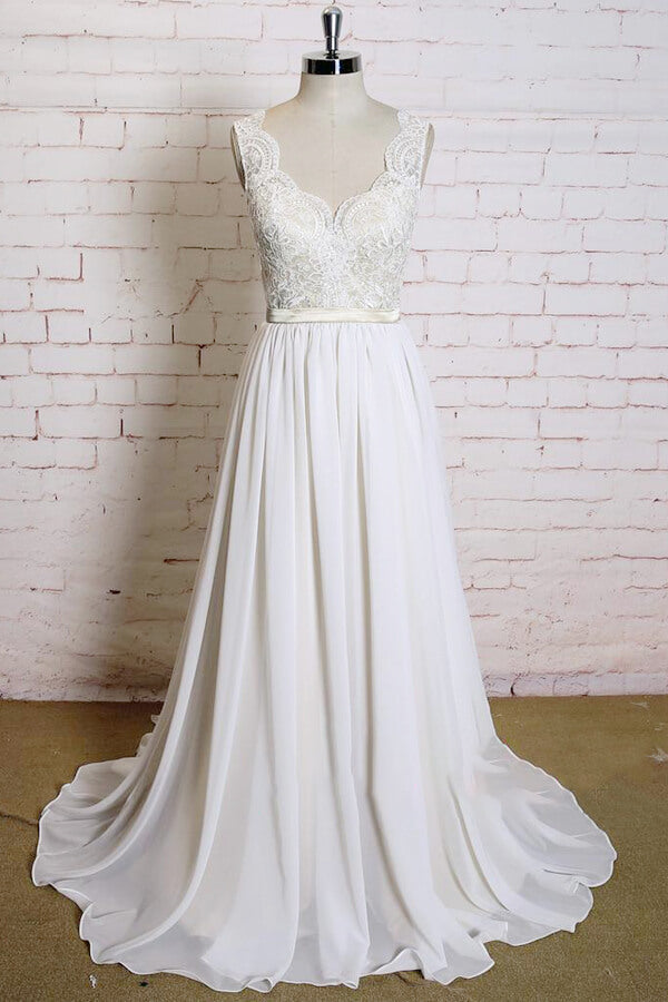 Último Vestido de Noiva Comprido em Chiffon com Decote em V e Renda em Linha A