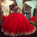 Último Vestido Longo de Baile com Gola Alta em Tule Vermelho para Quinceanera