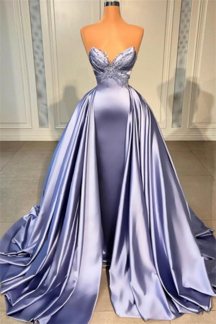 Robe de bal longue en ligne A sans manches avec paillettes et perles à la lavande