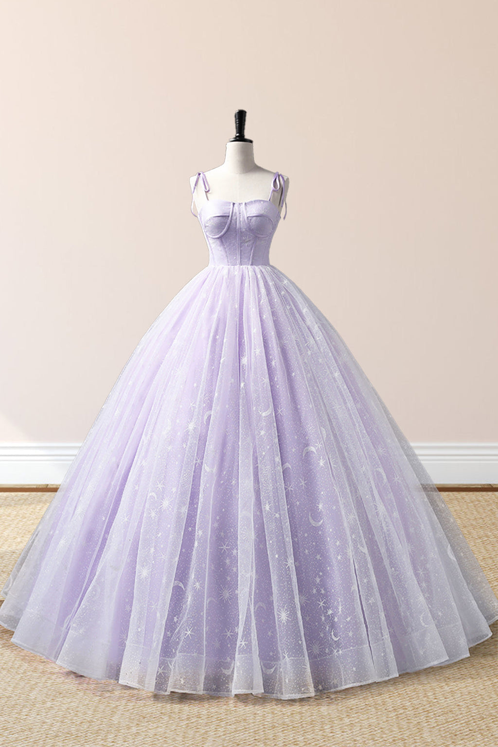 Lavender Tulle Straps Floor Length Evening Dress, Lavender A-Line Prom Dress