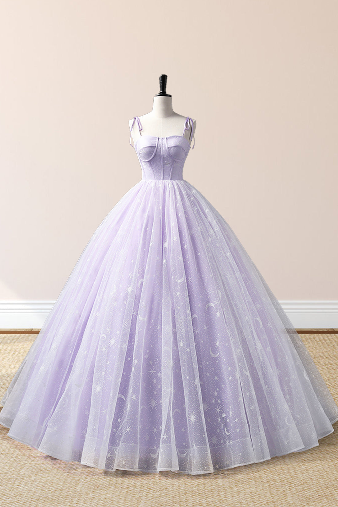 Lavender Tulle Straps Floor Length Evening Dress, Lavender A-Line Prom Dress