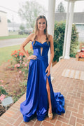 Leif | Vestido largo de gala azul real con escote corazón y abertura en la espalda