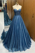 Leon | Robe longue de bal marine à perles et paillettes, décolleté en cœur, coupe évasée