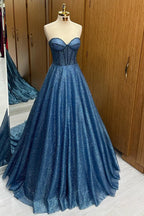 Leon | Robe longue de bal marine à perles et paillettes, décolleté en cœur, coupe évasée