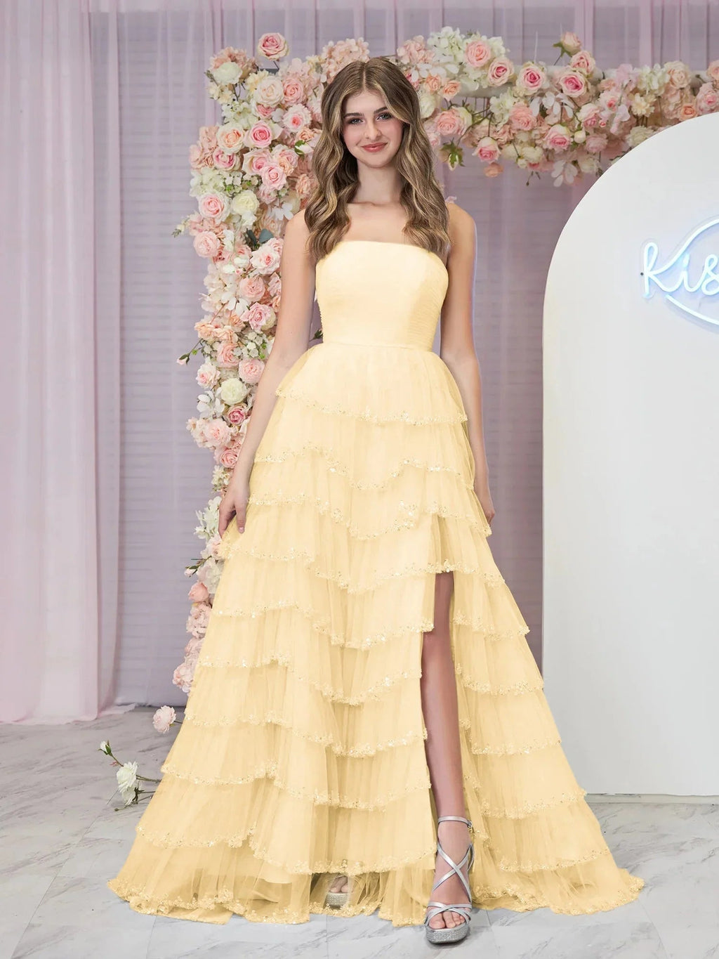 Braelyn | Light Blue Strapless Layered Tulle Prom Dress with Sequins