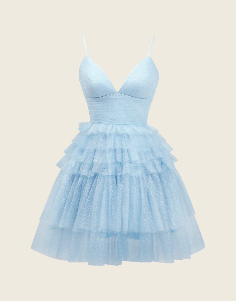 A-Line Deep V Neck Tiered Homecoming Dress