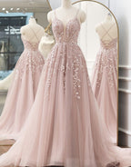 A-line Spaghetti Straps Tulle Prom Dress with Appliques