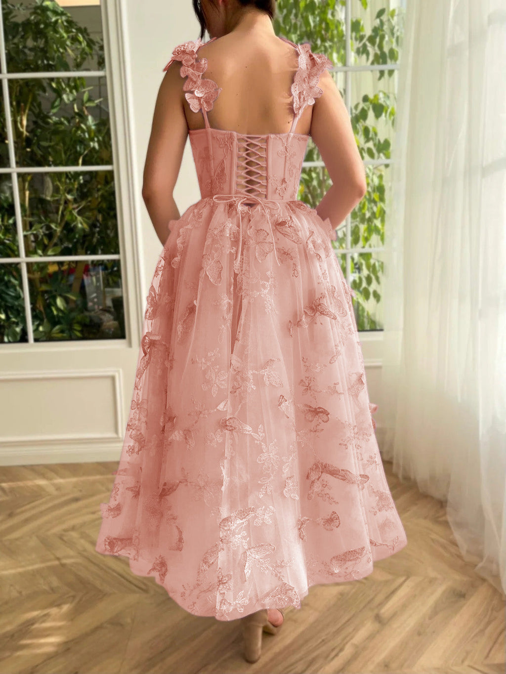 Aline Tulle Midi Prom Dress with 3D Butterflies