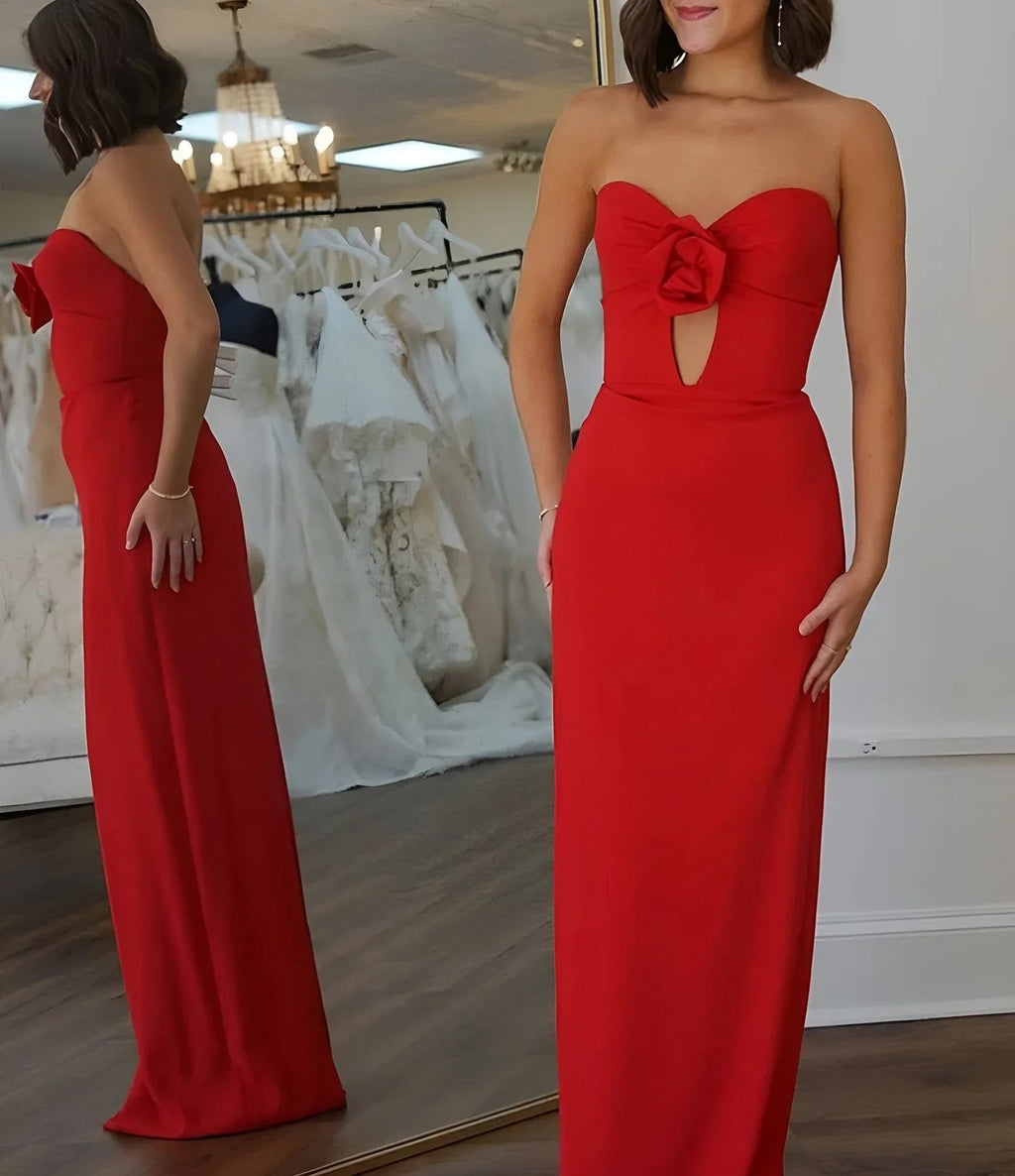 Lindy | Vestido largo de fiesta sirena de satén rojo con escote corazón