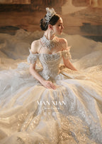 Regal Off-Shoulder Beaded Ball Gown Wedding Dress with Statement Collar & Cathedral Train