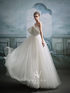 Modern Strapless Satin Bow Ball Gown Wedding Dress with Tulle Skirt & Chapel Train