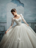Romantic Square Neck Lace Ball Gown Wedding Dress with Cathedral Train & Puff Sleeves