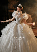 Abito da sposa a palloncino con maniche a sbuffo, perline, gonna ampia, strascico a cattedrale e scollo a illusione