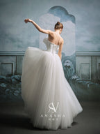 Modern Strapless Satin Bow Ball Gown Wedding Dress with Tulle Skirt & Chapel Train