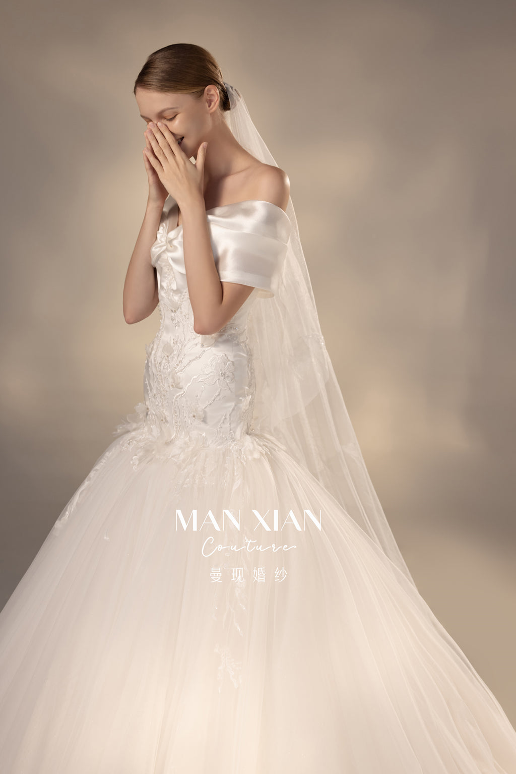 Romantic Off-Shoulder Satin Mermaid Wedding Dress with 3D Lace Appliqués & Cathedral Train