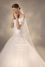 Romantic Off-Shoulder Satin Mermaid Wedding Dress with 3D Lace Appliqués & Cathedral Train