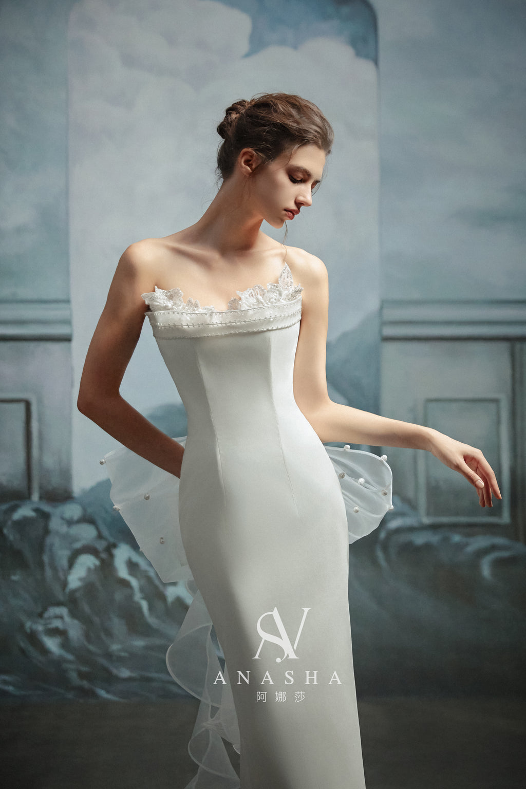 Modern Strapless Satin Mermaid Wedding Dress with Asymmetric Tulle Train & Lace Detailing