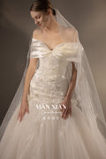 Romantic Off-Shoulder Satin Mermaid Wedding Dress with 3D Lace Appliqués & Cathedral Train