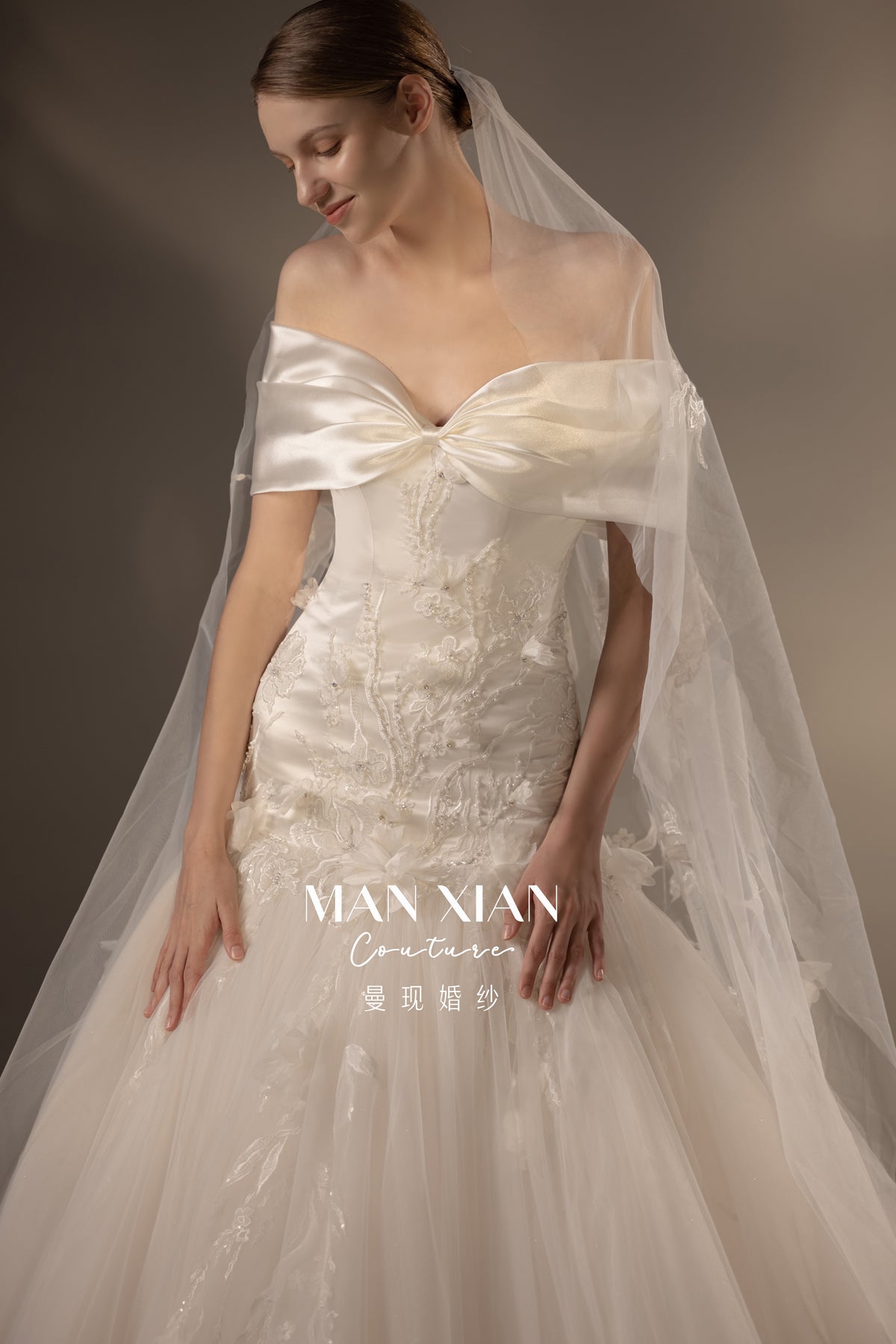 Romantic Off-Shoulder Satin Mermaid Wedding Dress with 3D Lace Appliqués & Cathedral Train