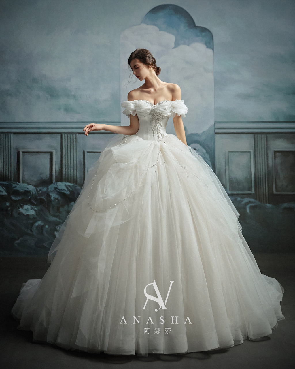 Romantic Off-Shoulder Ruffled Ball Gown Wedding Dress with Chapel Train & Crystal Detailing