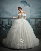 Romantic Off-Shoulder Ruffled Ball Gown Wedding Dress with Chapel Train & Crystal Detailing