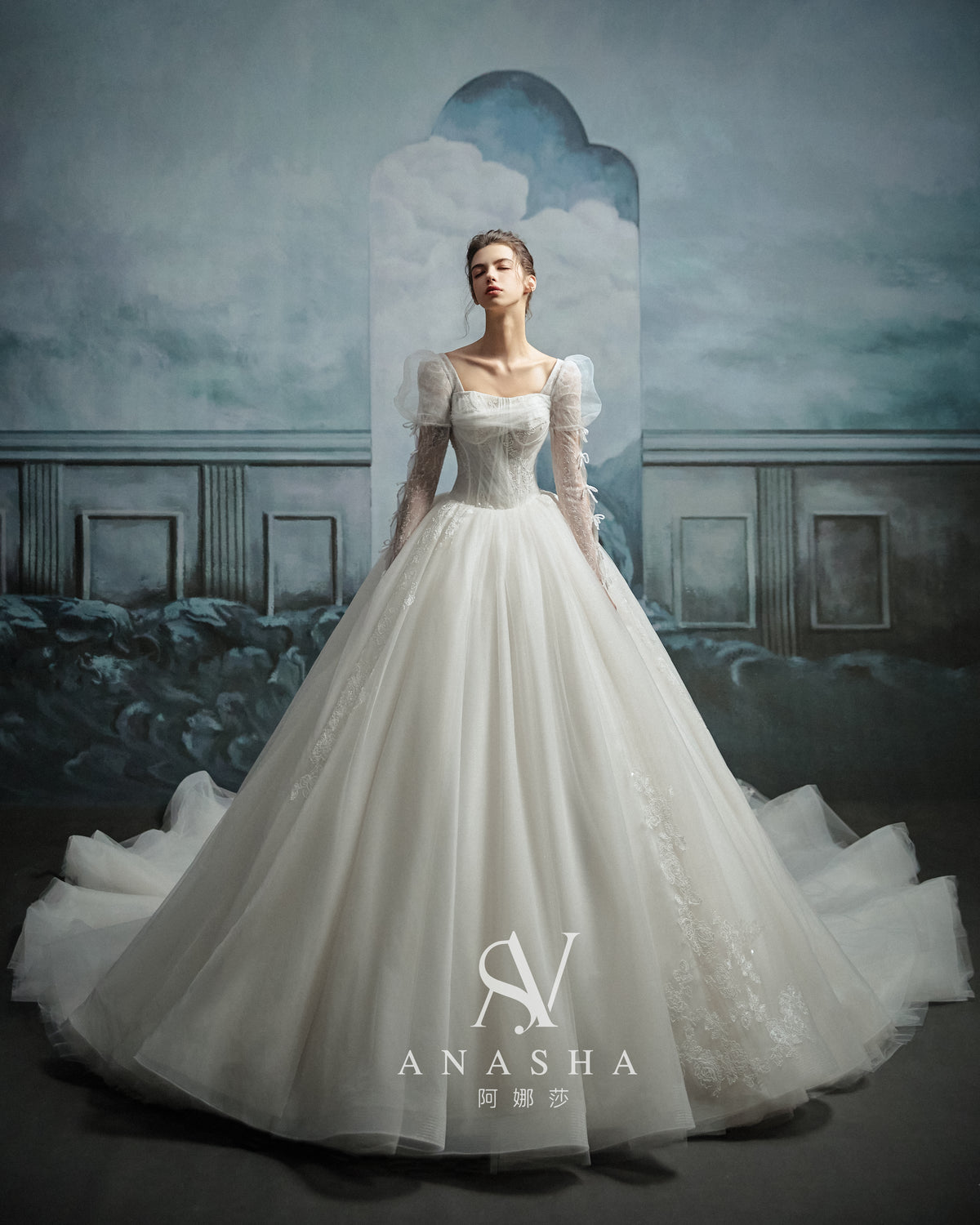Romantic Square Neck Lace Ball Gown Wedding Dress with Cathedral Train & Puff Sleeves