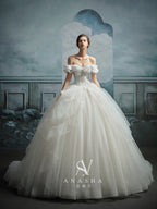 Romantic Off-Shoulder Ruffled Ball Gown Wedding Dress with Chapel Train & Crystal Detailing
