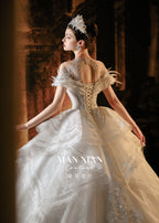 Elegant Off-Shoulder Feather Wedding Dress | Luxury Sequin Lace Ball Gown Bridal Gown