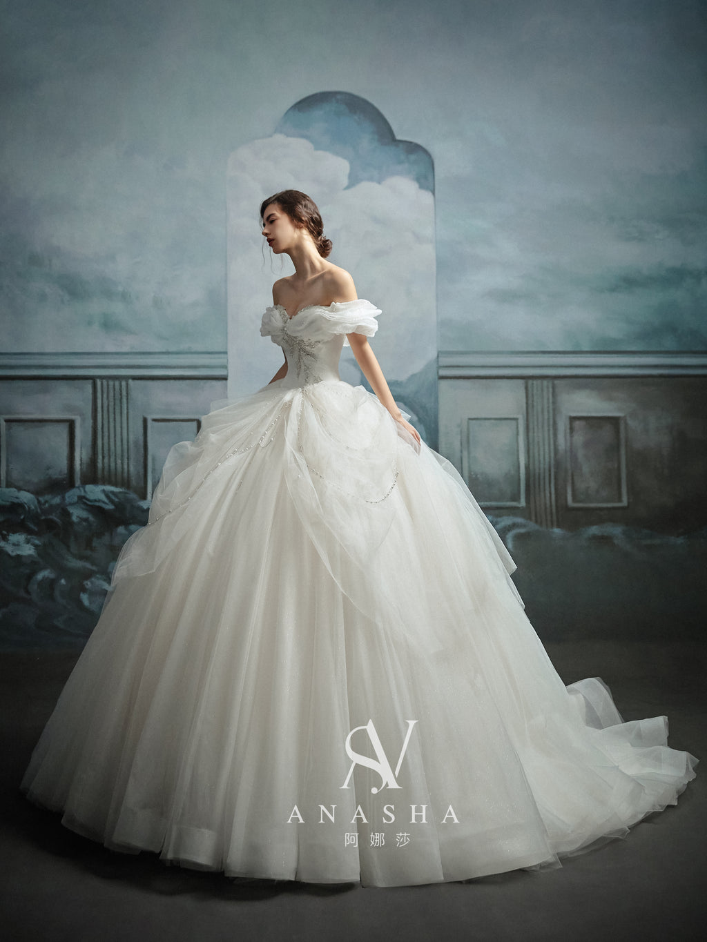 Romantic Off-Shoulder Ruffled Ball Gown Wedding Dress with Chapel Train & Crystal Detailing