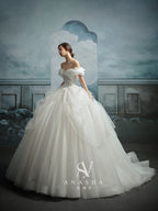 Romantic Off-Shoulder Ruffled Ball Gown Wedding Dress with Chapel Train & Crystal Detailing