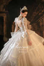 Couture Luxury Beaded Lace Wedding Dress with High Neck & Train | Princess Ball Gown Bridal Gown