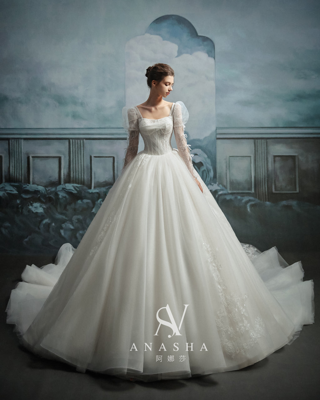 Romantic Square Neck Lace Ball Gown Wedding Dress with Cathedral Train & Puff Sleeves
