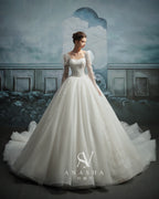 Romantic Square Neck Lace Ball Gown Wedding Dress with Cathedral Train & Puff Sleeves