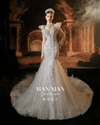 Ethereal Crystal Beaded Mermaid Wedding Dress with Cathedral Train & Statement Collar