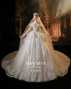 Elegant Off-Shoulder Feather Wedding Dress | Luxury Sequin Lace Ball Gown Bridal Gown