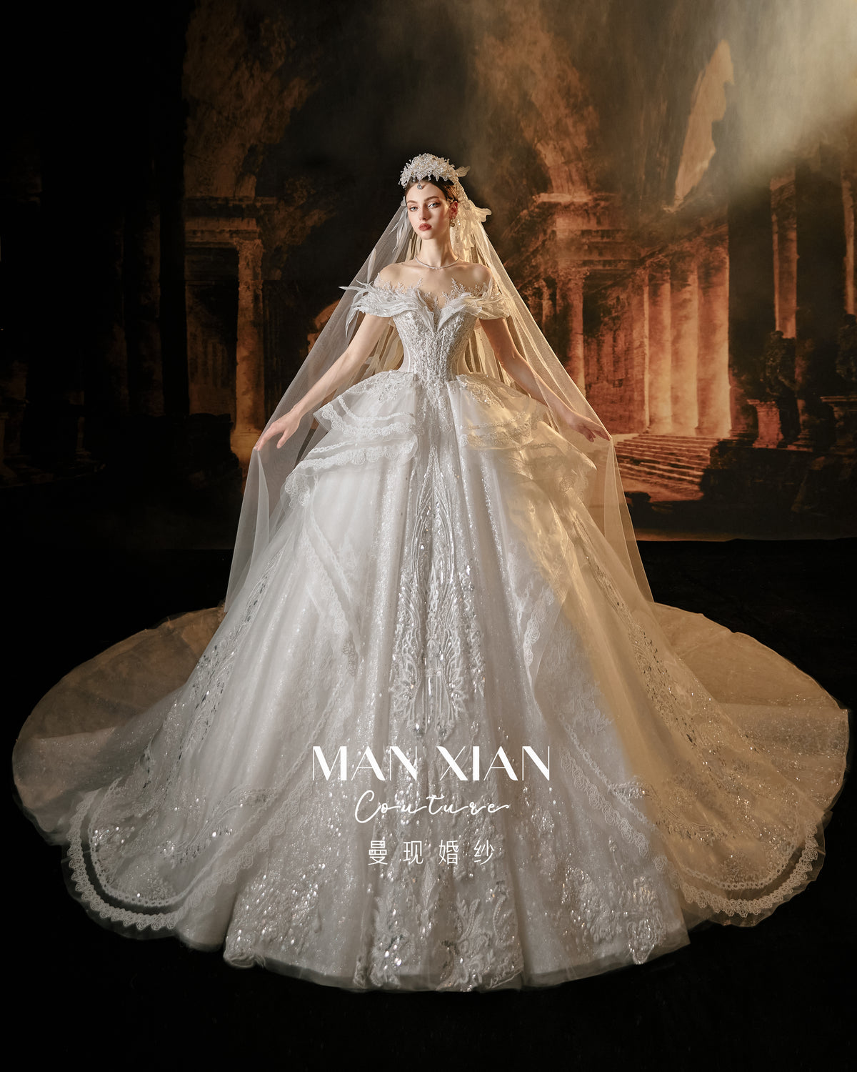 Elegant Off-Shoulder Feather Wedding Dress | Luxury Sequin Lace Ball Gown Bridal Gown